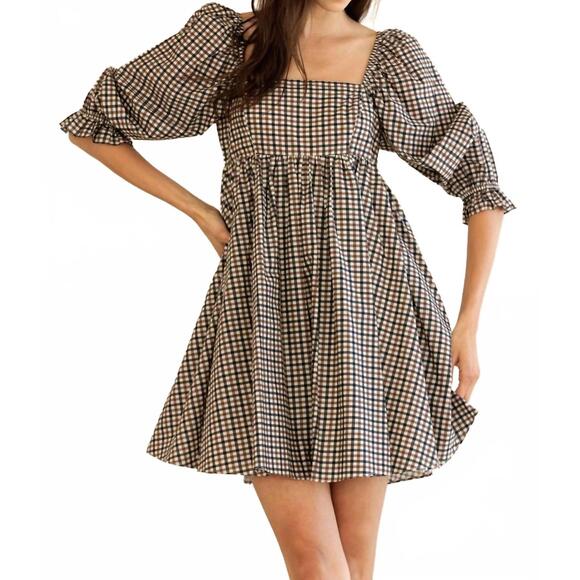 NEW STORIA florence mini dress in navy brown gingham - Picture 5 of 7